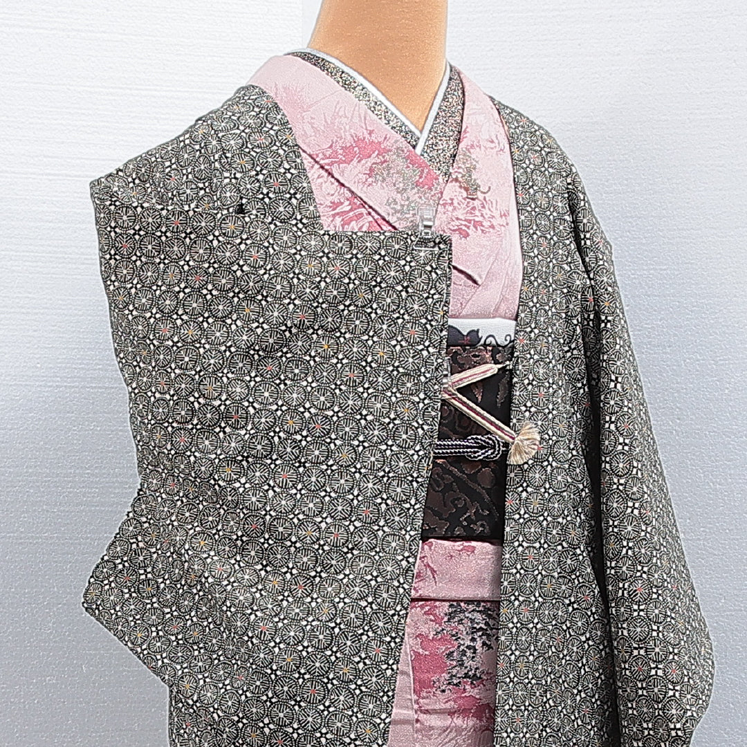 羽織 袷 身丈82cm 裄丈63cm 正絹 Aランク カジュアル Sサイズ 紐あり 創作柄 緑系 RP 1232-16195