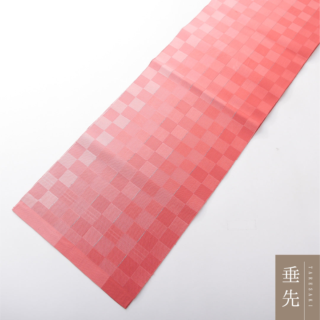 八寸名古屋帯 帯丈376cm カジュアル 開き仕立て 全通 Cランク 正絹 市松 ピンク系 1224-03793