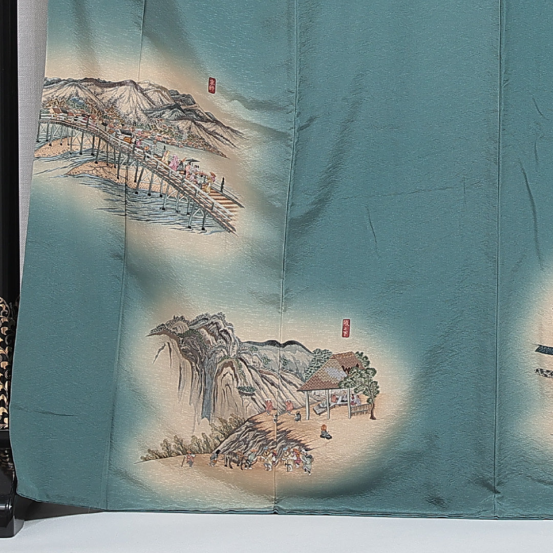 付下げ 袷 身丈169cm 裄丈68cm 正絹 Sランク インフォーマル 広衿 XLサイズ ぼかし染 刺繍 作家物 落款 東海道五十三次 緑系 M4 1218-15924