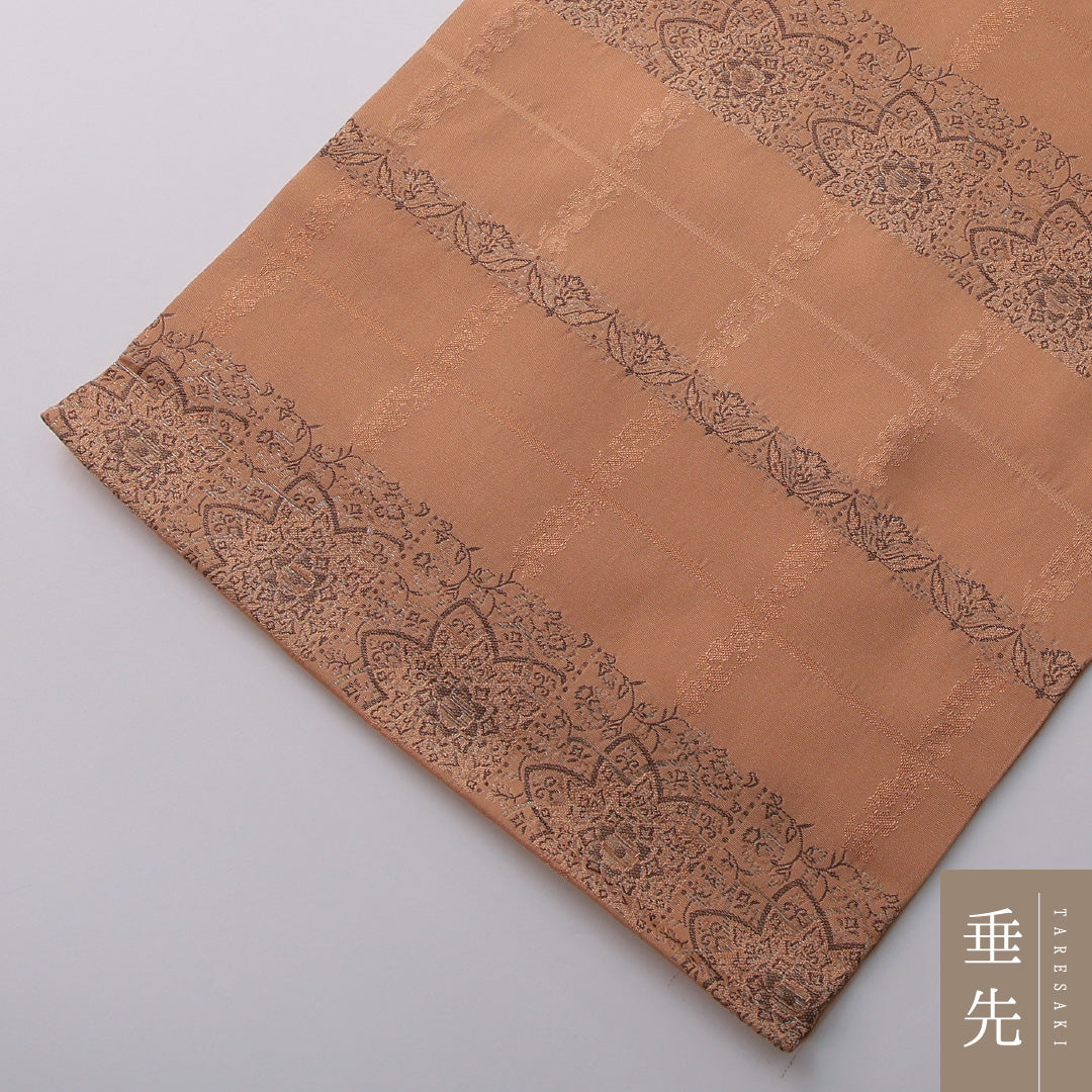 九寸名古屋帯 Sランク 帯丈352cm 正絹 六通 名古屋仕立て 織り インフォーマル 宝相華 ベージュ系 RP 1245-03348