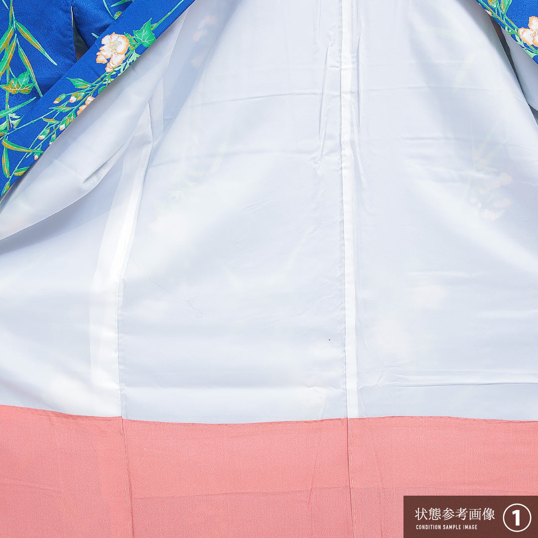 洗える着物 小紋 袷 身丈158cm 裄丈64cm ポリエステル Sランク インフォーマル バチ衿 Mサイズ 牡丹 青系 RP 1221-16434