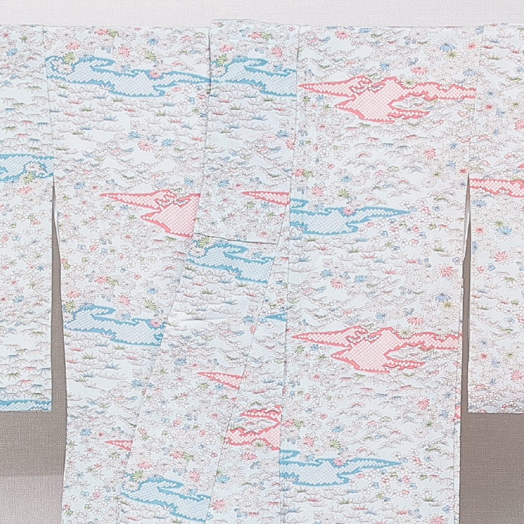 小紋 洗える着物 袷 身丈159cm 裄丈63cm ポリエステル Sランク Mサイズ 広衿 インフォーマル 菊 笠松 水色系 1215-15808