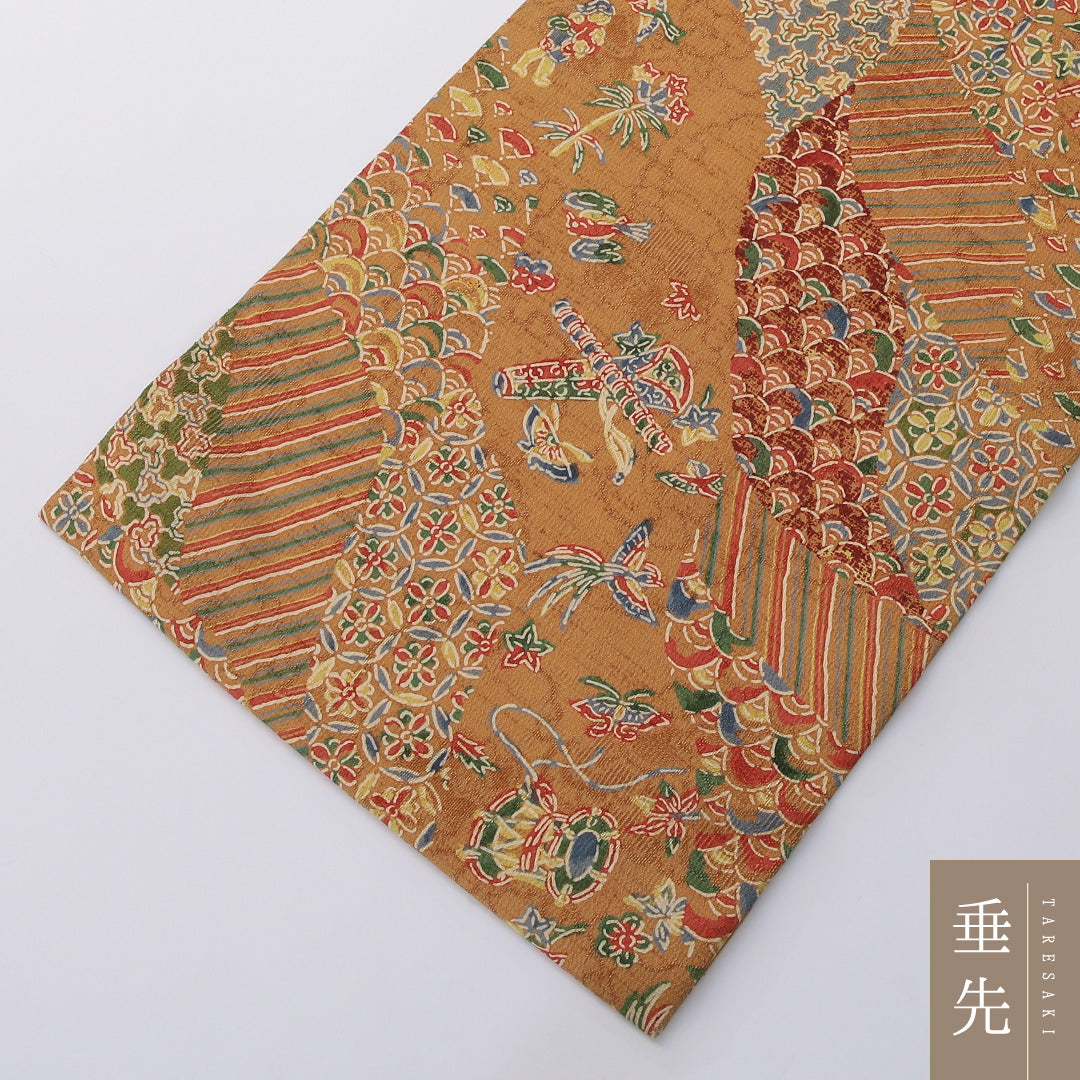 九寸名古屋帯 帯丈353cm カジュアル 名古屋仕立て 全通 Sランク 正絹 扇 黄系 茶系 1224-03275