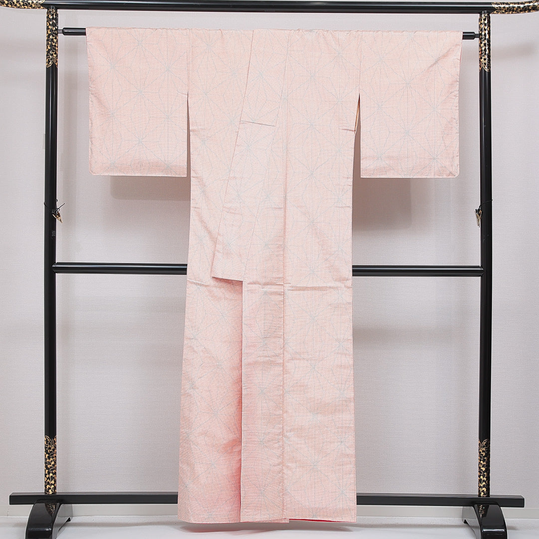 紬 袷 身丈159cm 裄丈65cm 正絹 Cランク Mサイズ 広衿 カジュアル 麻の葉 朱系 1216-16659