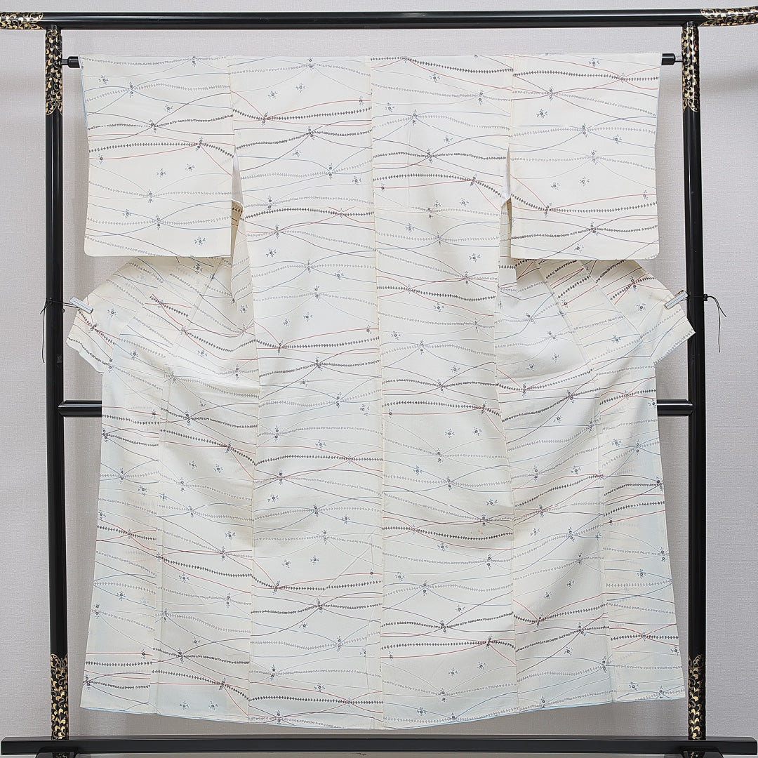 小紋 洗える着物 袷 身丈155cm 裄丈67cm ポリエステル Cランク Mサイズ 広衿 インフォーマル 花柄 クリーム系 1215-16095