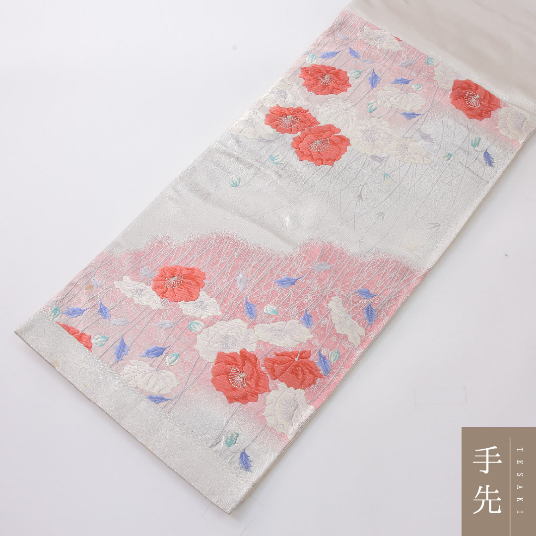 袋帯 帯丈436cm セミフォーマル 六通 帯芯なし Cランク 正絹 花柄 銀系 1223-02238