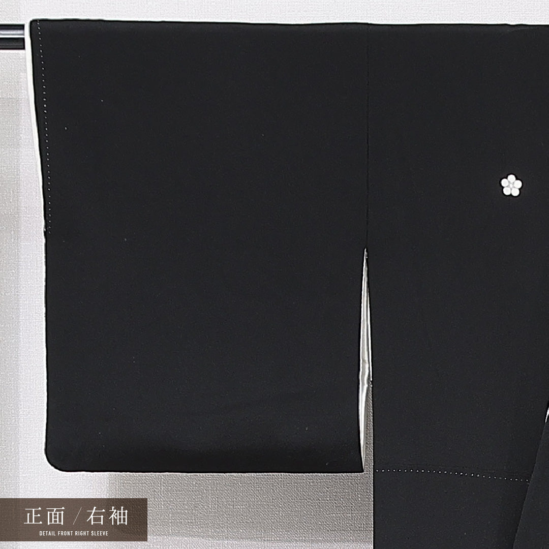黒留袖 袷 身丈155cm 裄丈61cm 三つ紋 梅鉢 フォーマル Aランク Mサイズ 正絹 比翼仕立て 広衿 流水 扇 梅 1211-F0677