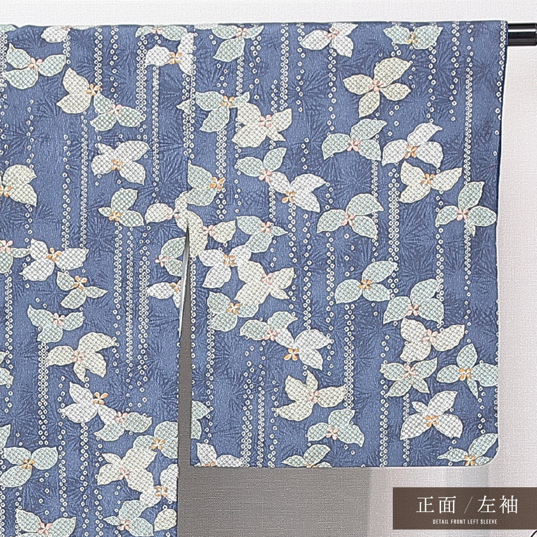 小紋 洗える着物 袷 身丈164cm 裄丈66cm ポリエステル Sランク Lサイズ 広衿 インフォーマル ふくれ織 鹿の子柄 花柄 紺系 1215-15102