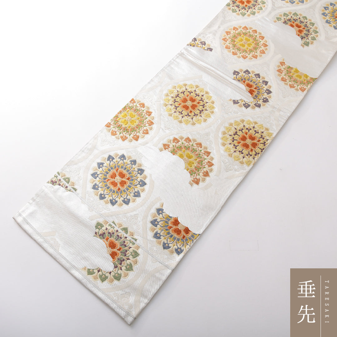 袋帯 帯丈440cm フォーマル 六通 帯芯なし Cランク 正絹 宝相華 雲取り クリーム系 銀系 1223-02132