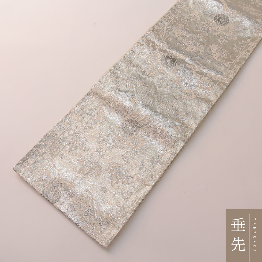 袋帯 帯丈424cm フォーマル 六通 Cランク 正絹 菊 桐 白系 銀系 1223-01916