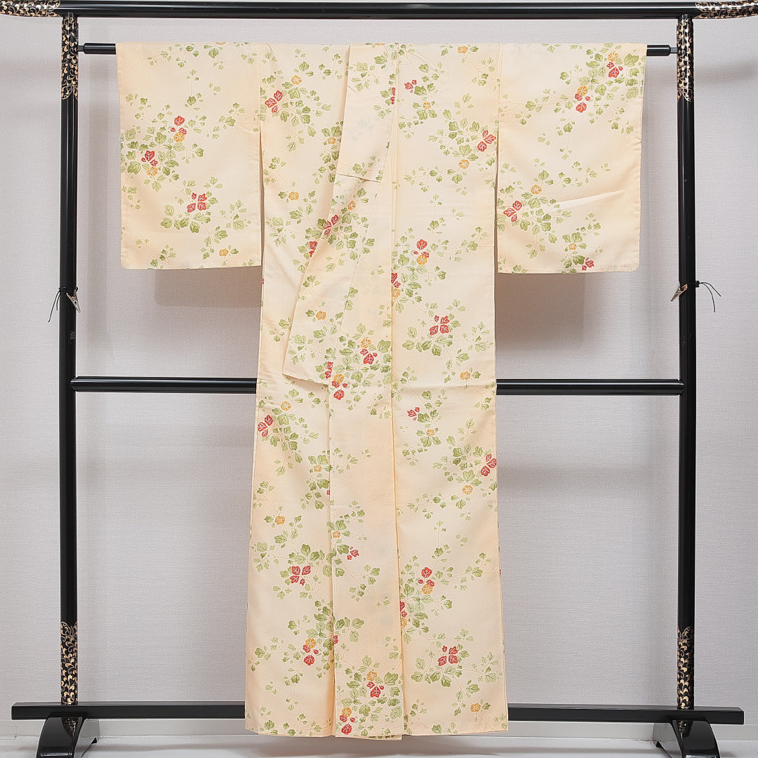 小紋 袷 身丈157cm 裄丈64cm 正絹 Sランク インフォーマル 広衿 Mサイズ 苺 黄系 RP 1221-16049