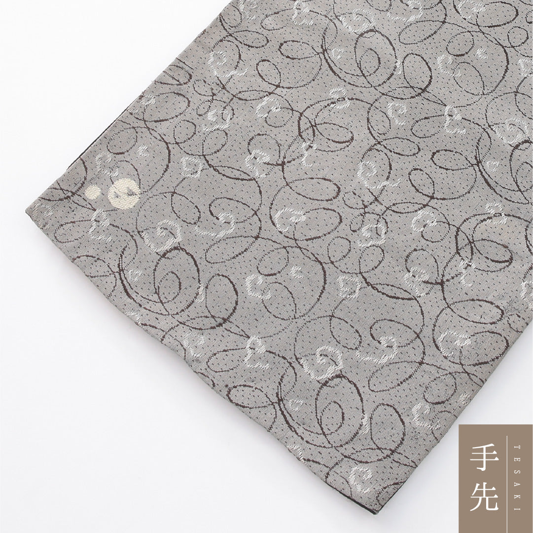 アンティーク 九寸名古屋帯 帯丈370cm 開き仕立て 六通 Aランク 正絹 創作柄 落款 グレー系 1224-04172