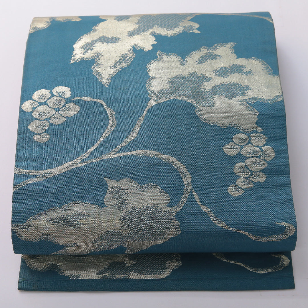 九寸名古屋帯 帯丈339cm カジュアル 名古屋仕立て 六通 Cランク 正絹 創作柄 青系 1224-03612