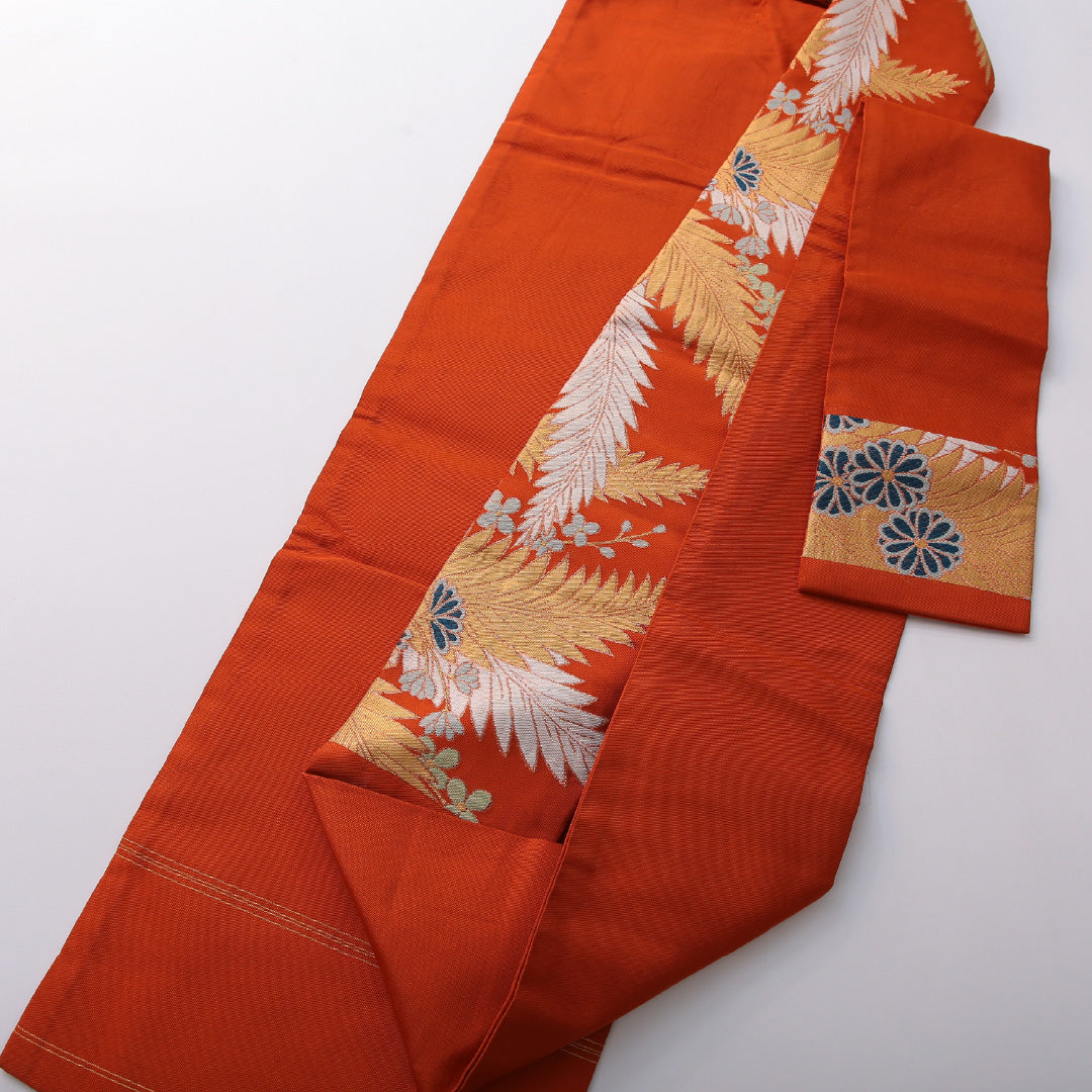 アンティーク 九寸名古屋帯 帯丈345cm カジュアル 名古屋仕立て 六通 Aランク 正絹 菊 朱系 1224-03532