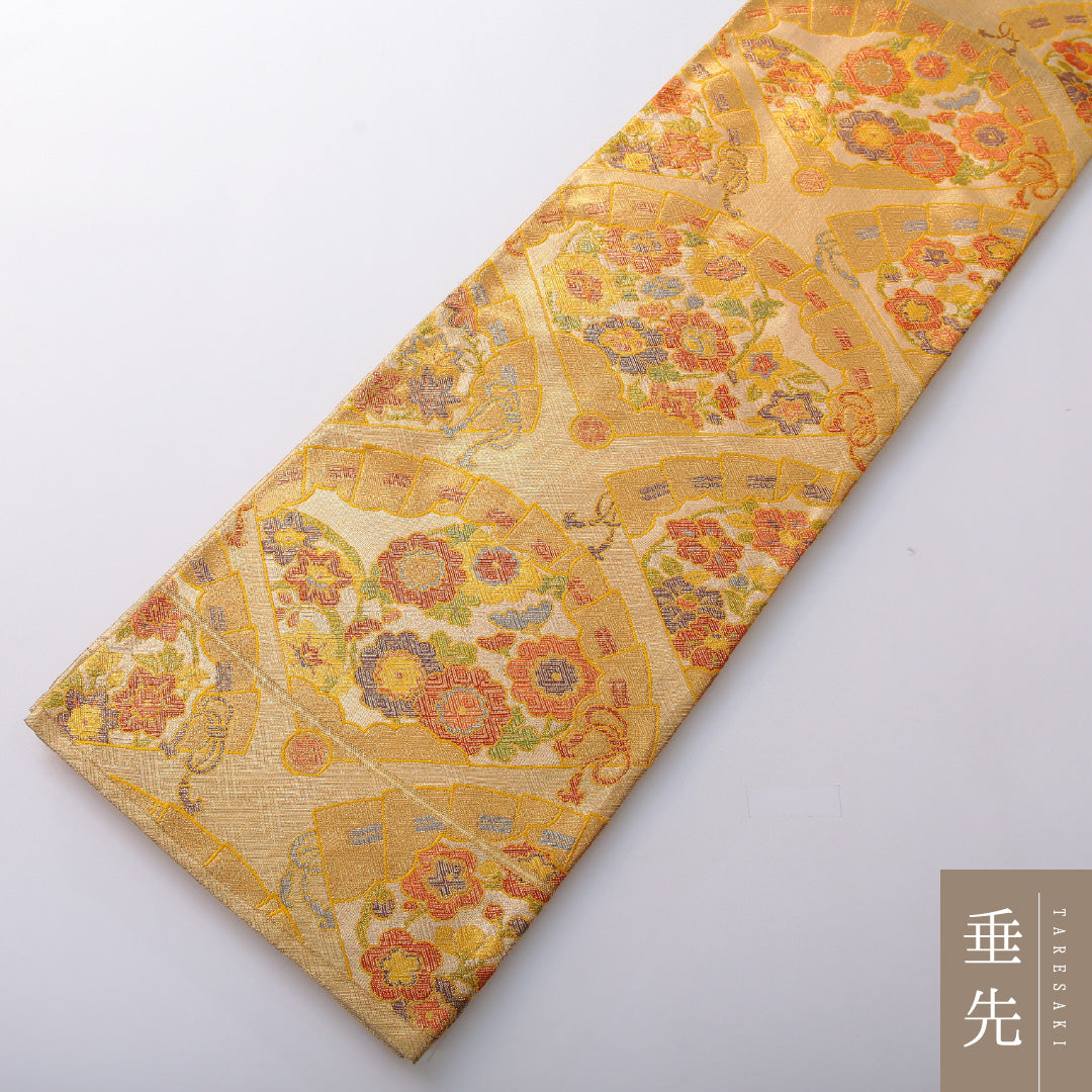 袋帯 帯丈424cm 正絹 六通 フォーマル 佐賀錦 檜扇 吉祥文様 金系 1243-02019