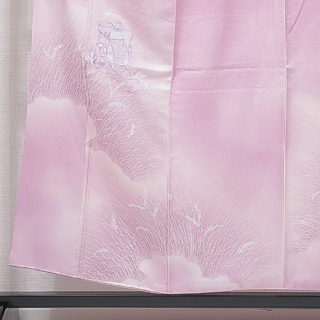 訪問着 袷 身丈154cm 裄丈64cm 正絹 Cランク Sサイズ 広衿 セミフォーマル 御所車 紫系 ピンク系 1212-15646