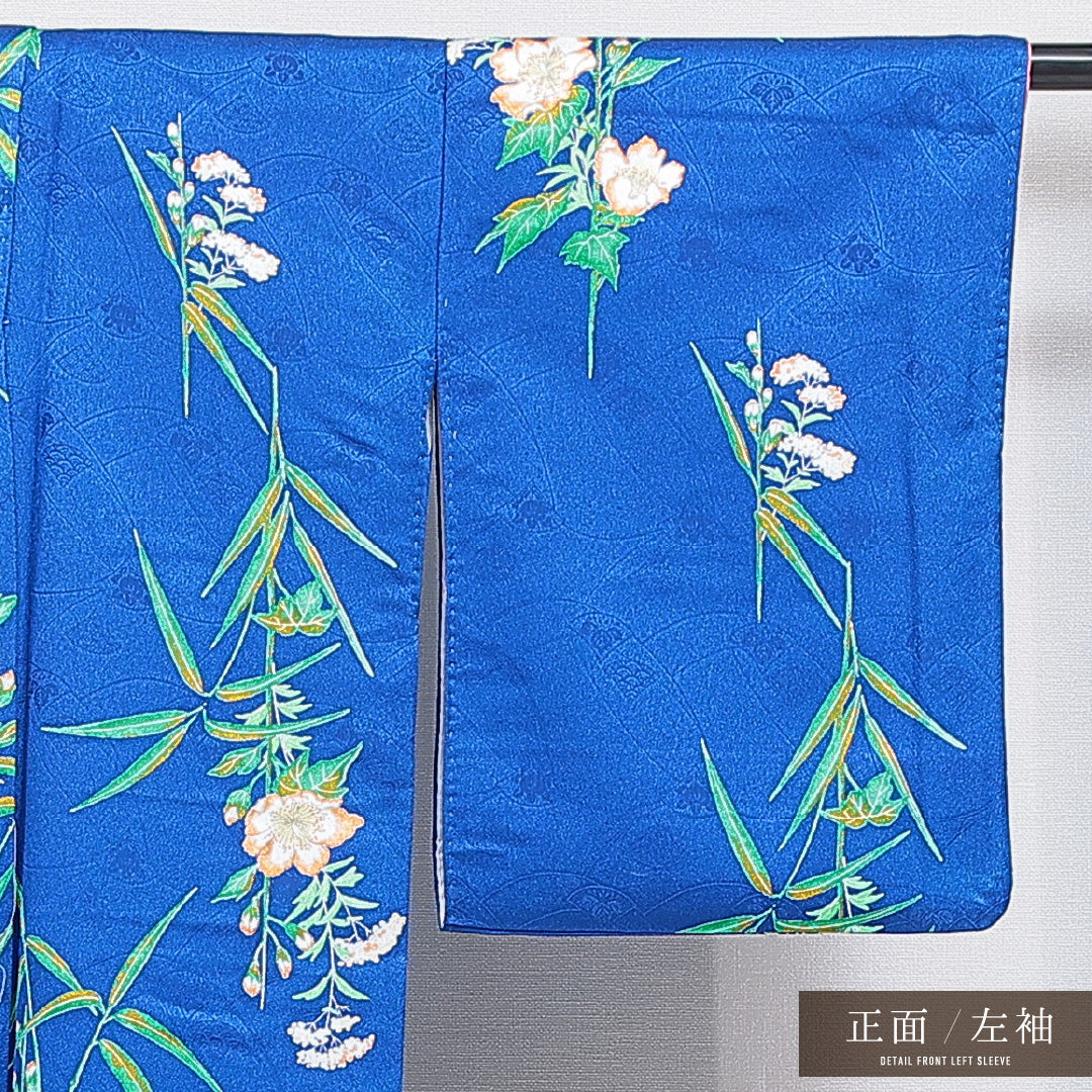 洗える着物 小紋 袷 身丈158cm 裄丈64cm ポリエステル Sランク インフォーマル バチ衿 Mサイズ 牡丹 青系 RP 1221-16434