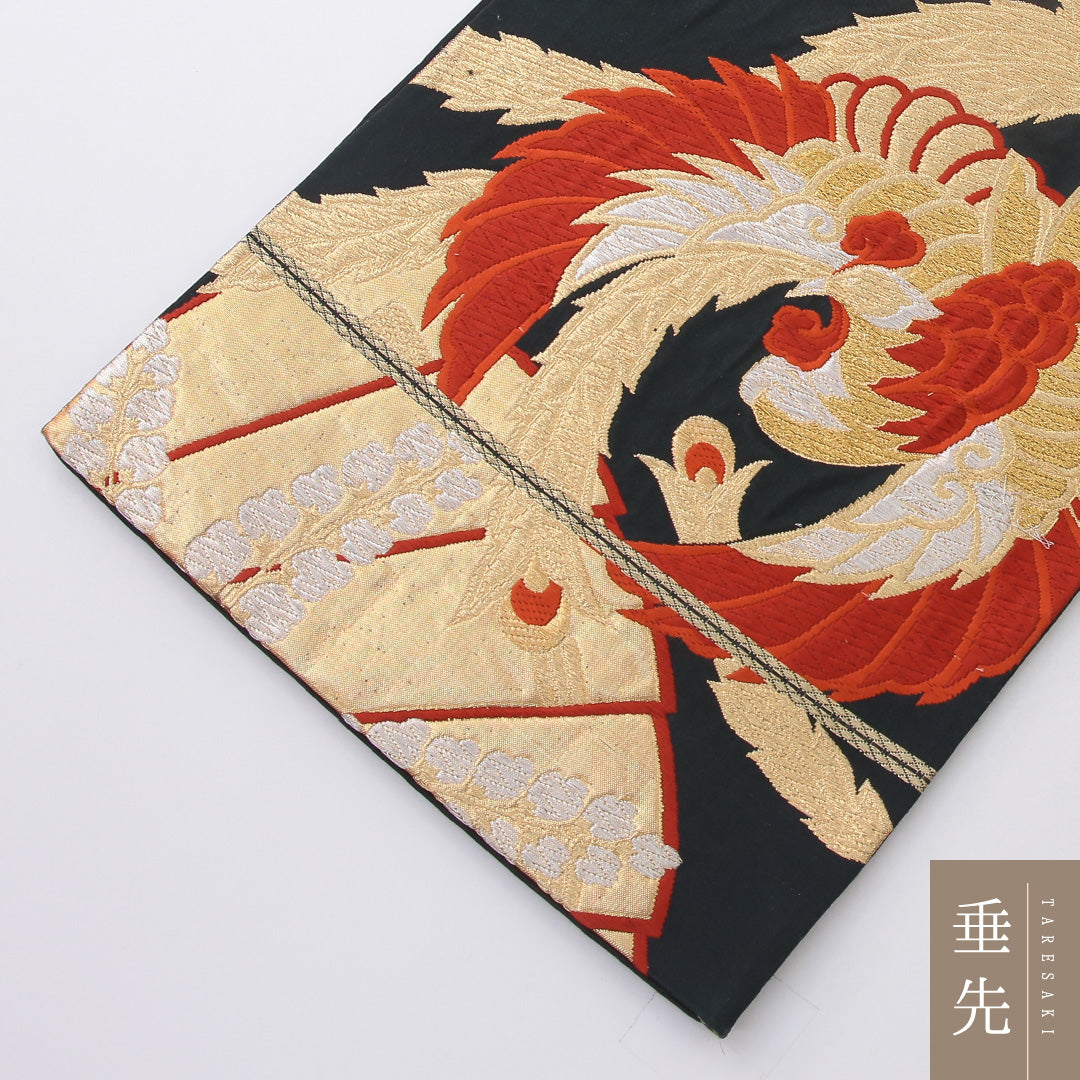 袋帯 帯丈424cm 正絹 六通 フォーマル 唐織 鳳凰 桐 黒系 金系 1243-02182