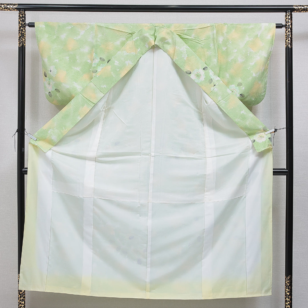 小紋 洗える着物 袷 身丈155cm 裄丈62cm ポリエステル Sランク Mサイズ 広衿 インフォーマル 七宝 桜 緑系 1215-16396
