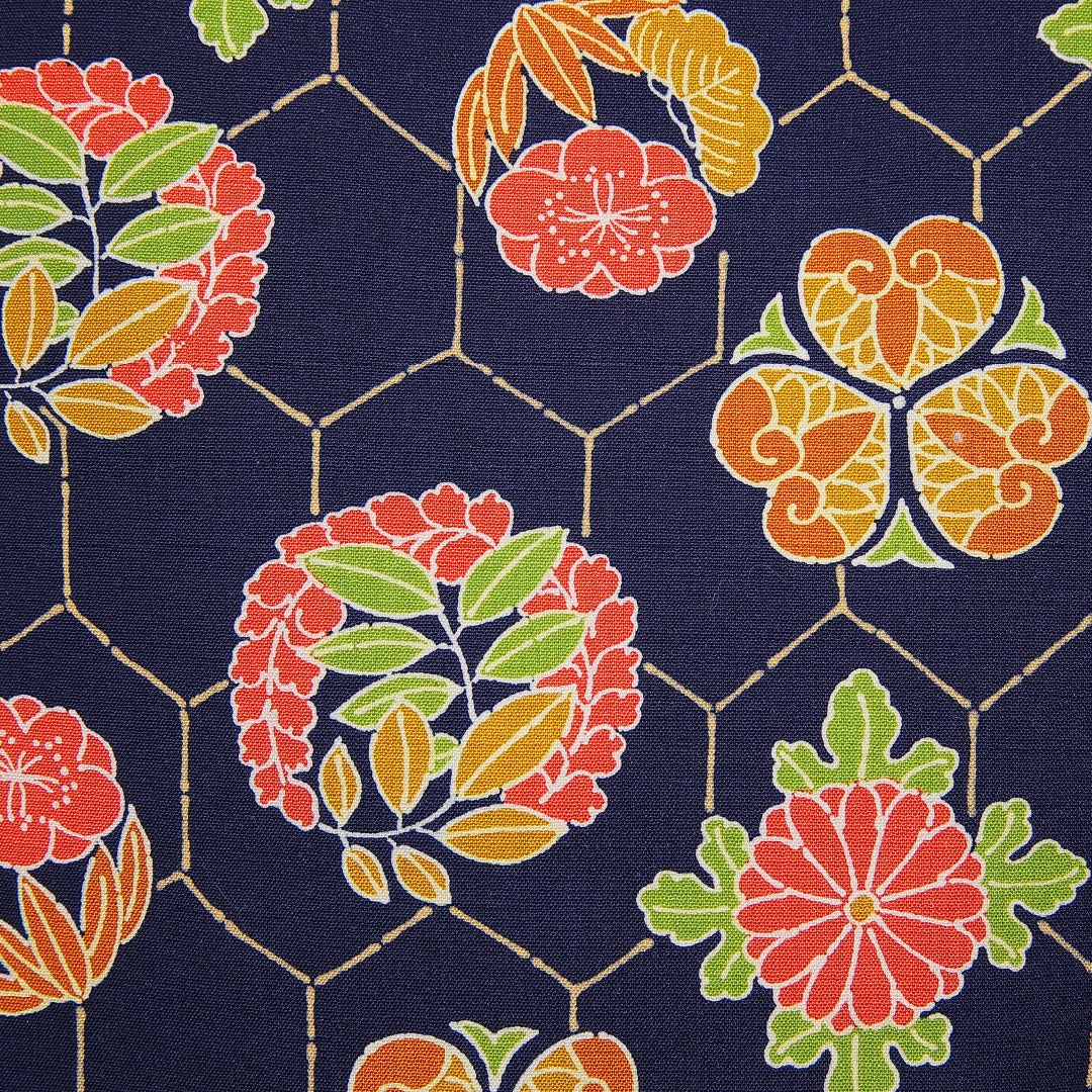 小紋 単衣 身丈151cm 裄丈63cm 正絹 Dランク Sサイズ バチ衿 インフォーマル 亀甲 菊 紺系 1215-15482