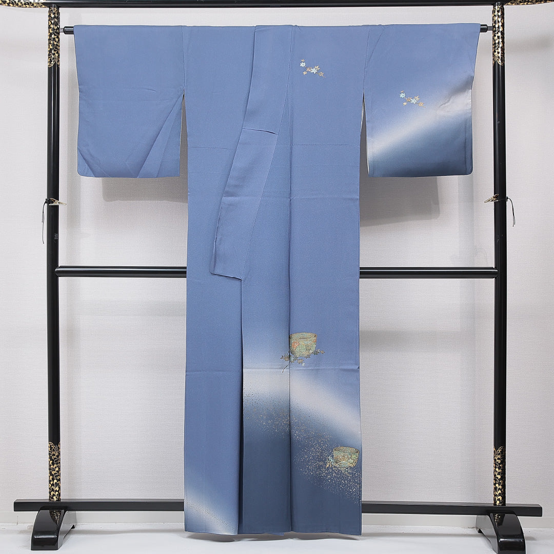 訪問着 袷 身丈160cm 裄丈66cm 正絹 Sランク セミフォーマル 広衿 Lサイズ ぼかし染 金箔 銀箔 壺 松 青系 M4 1217-15861