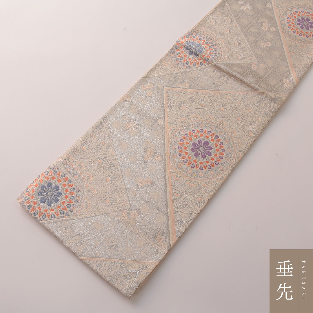 袋帯 帯丈428cm フォーマル 六通 未仕立て Aランク 正絹 唐草華文 扇 銀系 1223-01889