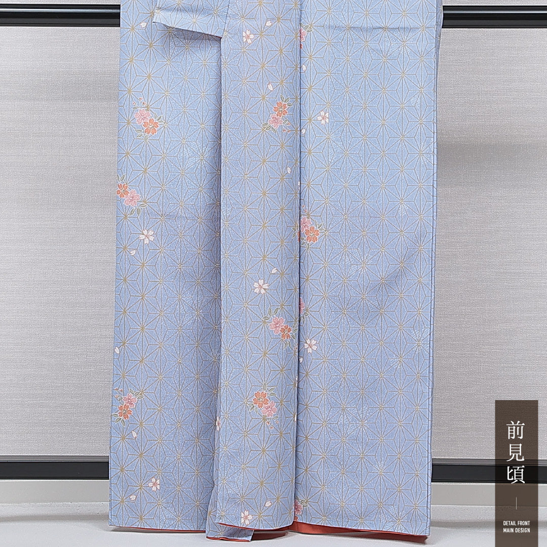 小紋 洗える着物 袷 身丈161cm 裄丈64cm ポリエステル Sランク Lサイズ 広衿 インフォーマル 麻の葉 桜 水色系 1215-15811