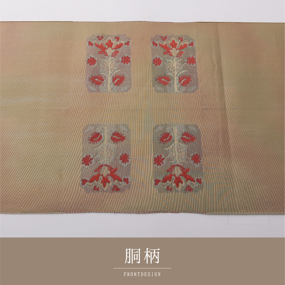 八寸名古屋帯 帯丈356cm セミフォーマル 開き仕立て ポイント柄 帯芯なし Cランク 正絹 花柄 ベージュ系 1224-03506