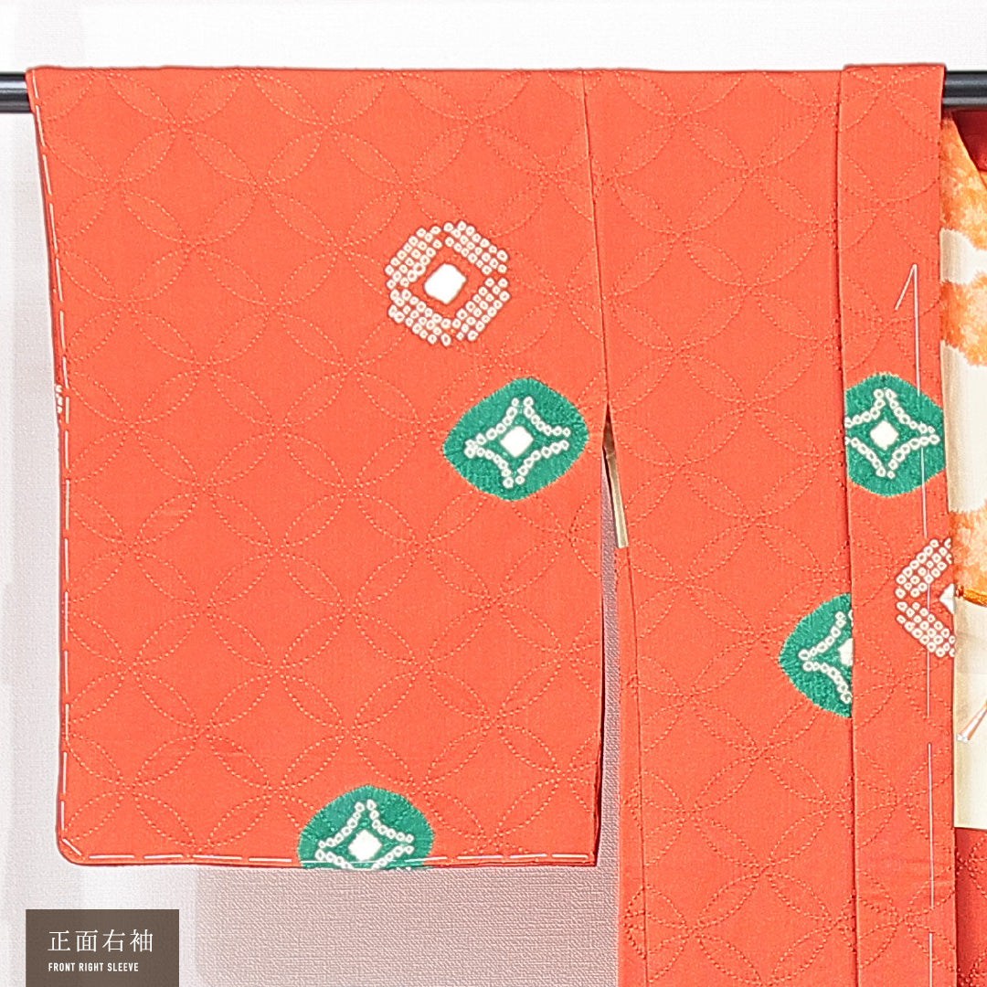 羽織 袷 身丈77cm 裄丈64cm 正絹 Sランク Mサイズ バチ衿 カジュアル 紐あり 鹿の子柄 七宝 朱系 1217-15138