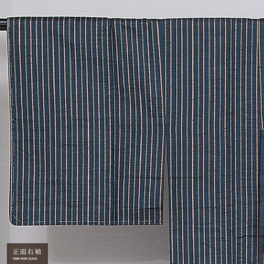 道行コート 単衣 身丈126cm 裄丈62cm 正絹 Sランク セミフォーマル Sサイズ ポケットあり 縞 紺系 RP 1237-16165