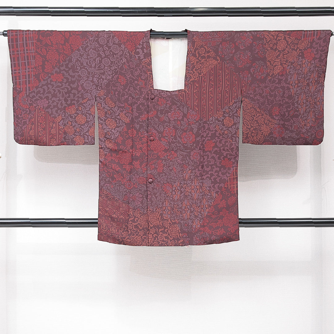 道行コート 袷 身丈86cm 裄丈66cm 正絹 Sランク Mサイズ フォーマル ポケットあり 唐草 縞 紫系 1263-15136