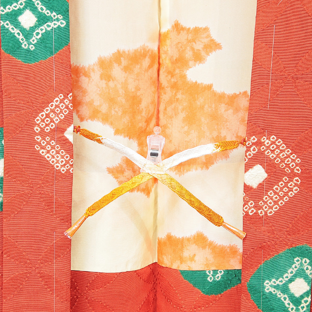 羽織 袷 身丈77cm 裄丈64cm 正絹 Sランク Mサイズ バチ衿 カジュアル 紐あり 鹿の子柄 七宝 朱系 1217-15138