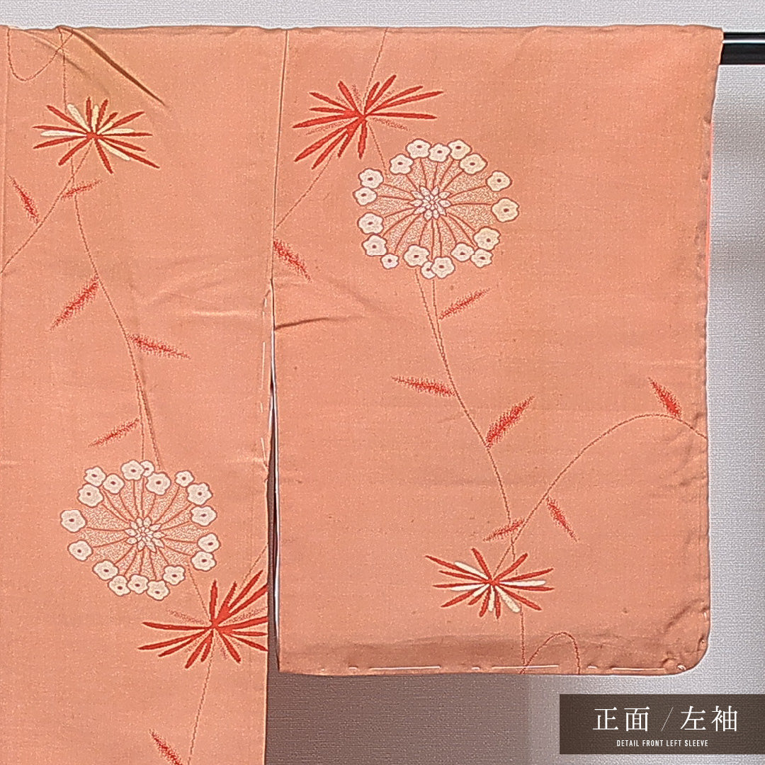 アンティーク 紬 袷 身丈146cm 裄丈62cm 正絹 Bランク バチ衿 XSサイズ 花柄 朱系 RP 1223-16064