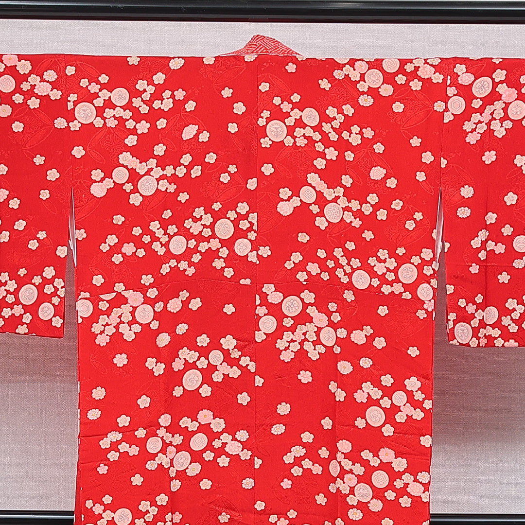 アンティーク 長襦袢 無双袖 身丈130cm 裄丈64cm 正絹 Cランク Lサイズ 桜 赤系 RP 1239-16697