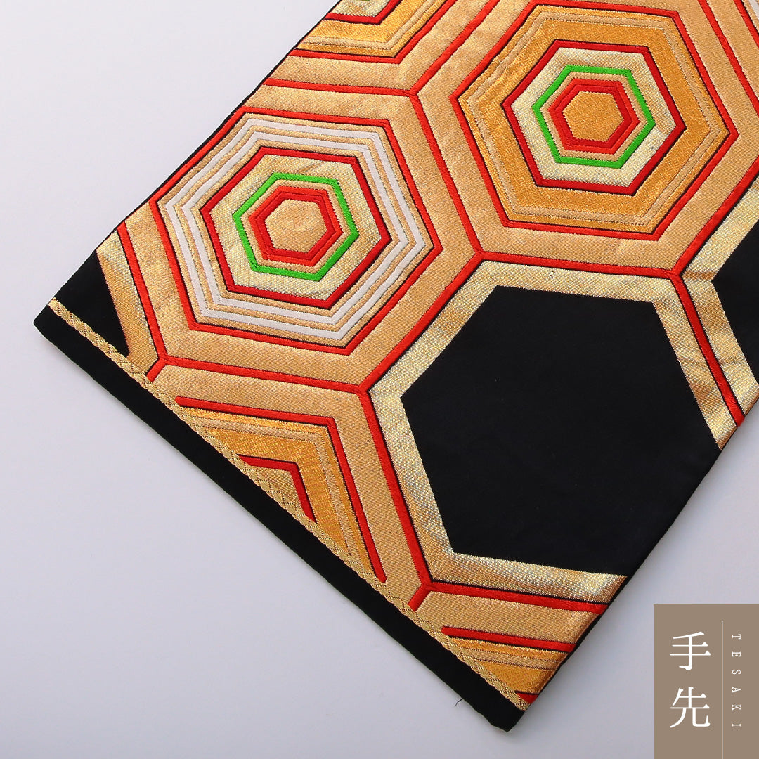 アンティーク 袋帯 帯丈424cm 六通 Aランク 正絹 亀甲 黒系 1223-01999