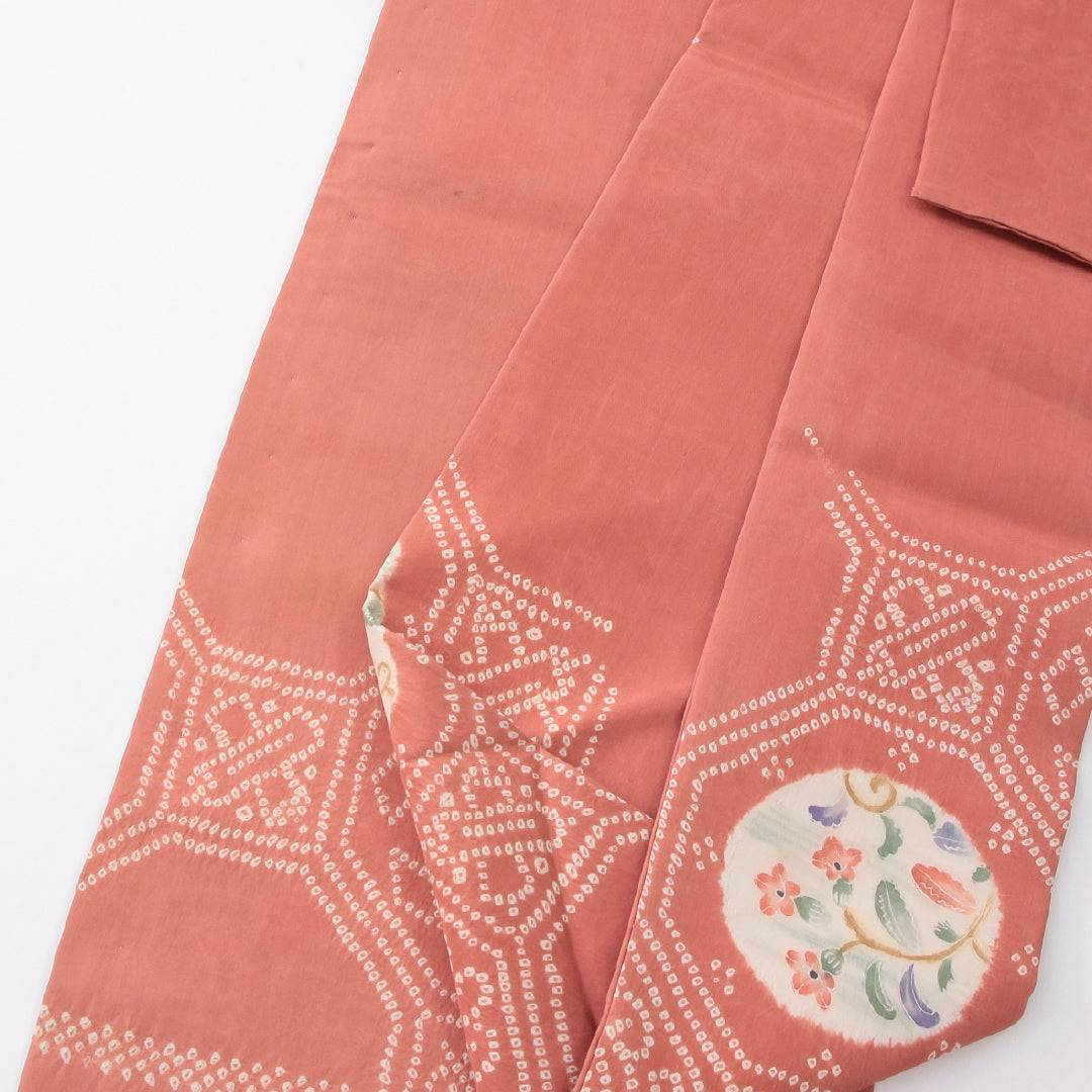 アンティーク 九寸名古屋帯 帯丈30.9cm 名古屋仕立て 全通 Bランク 正絹 染め帯 蜀江 花柄 ピンク系 1224-04047