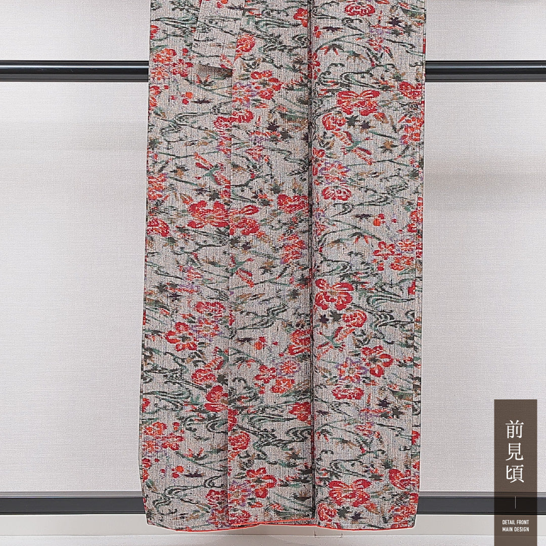 洗える着物 ウールの紬 袷 身丈156cm 裄丈63cm ウール Aランク カジュアル バチ衿 Mサイズ 花柄 グレー系 HP 1223-15112