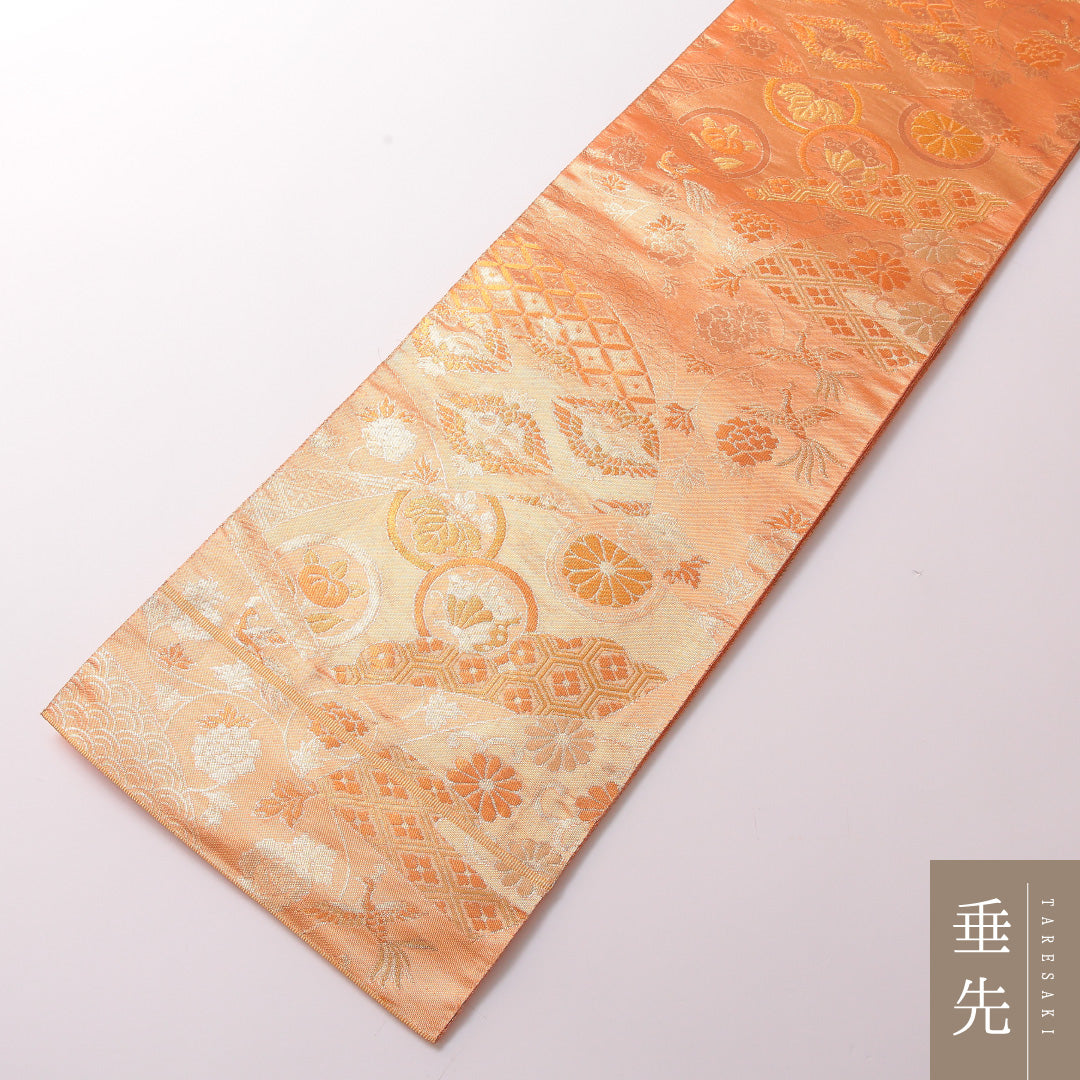 袋帯 帯丈440cm 正絹 全通 フォーマル 尾長鳥 吉祥文様 金系 朱系 1243-01853