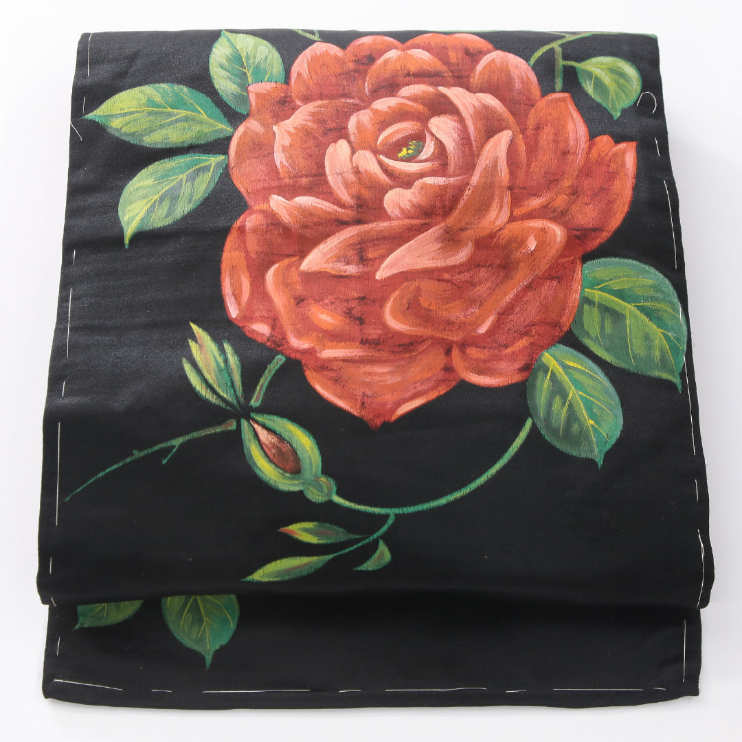 アンティーク 九寸名古屋帯 帯丈259cm 名古屋仕立て ポイント柄 Aランク 正絹 染め帯 ペンテ帯 薔薇 黒系 1224-04149