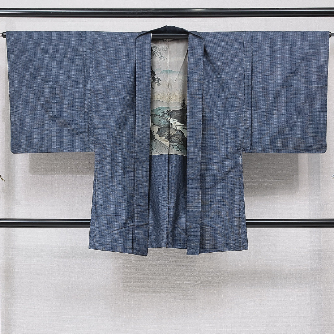 羽織 男性用 袷 身丈89cm 裄丈68cm 正絹 Cランク カジュアル Mサイズ 亀甲 青系 LP 1235-15774