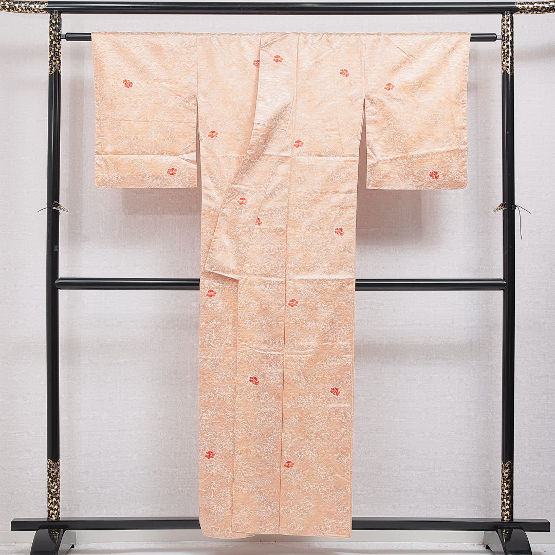 洗える着物 小紋 袷 身丈156cm 裄丈62cm ポリエステル Sランク インフォーマル 広衿 Mサイズ 椿 朱系 RP 1221-16314