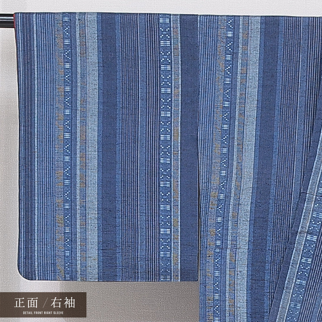 紬 袷 身丈159cm 裄丈64cm 正絹 Sランク カジュアル 広衿 Mサイズ 幾何学柄 青系 RP 1223-15566