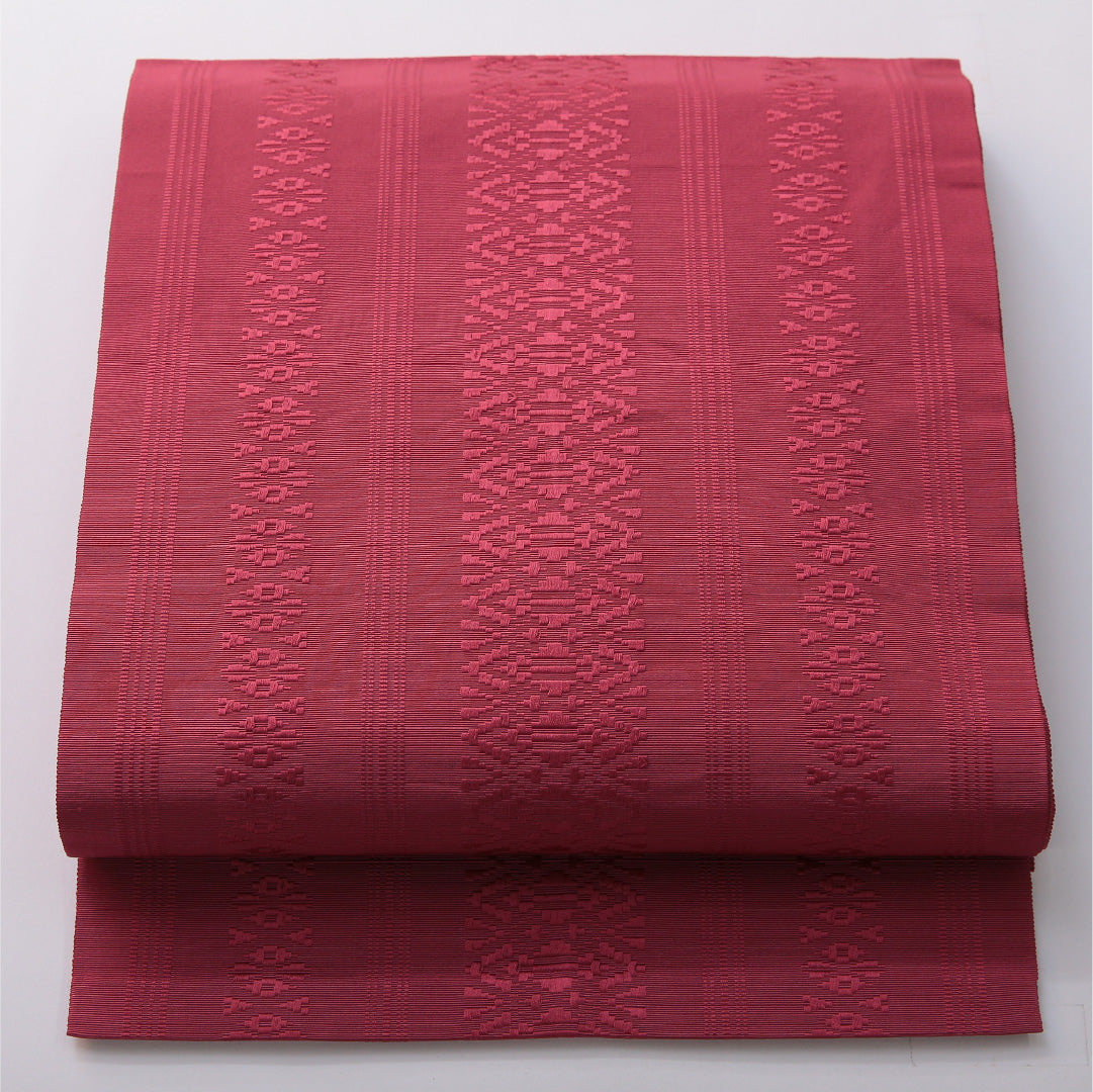 八寸名古屋帯 帯丈350cm セミフォーマル 開き仕立て 全通 帯芯なし Sランク 正絹 献上柄 紫系 赤系 1224-03496