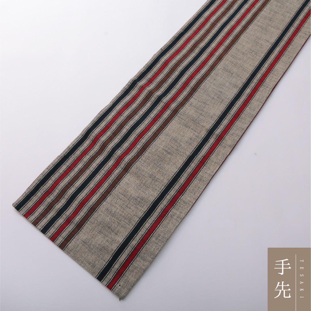 九寸名古屋帯 Sランク 帯丈342cm 正絹 全通 開き仕立て 織り カジュアル 紬 縞 ベージュ系 RP 1245-03359