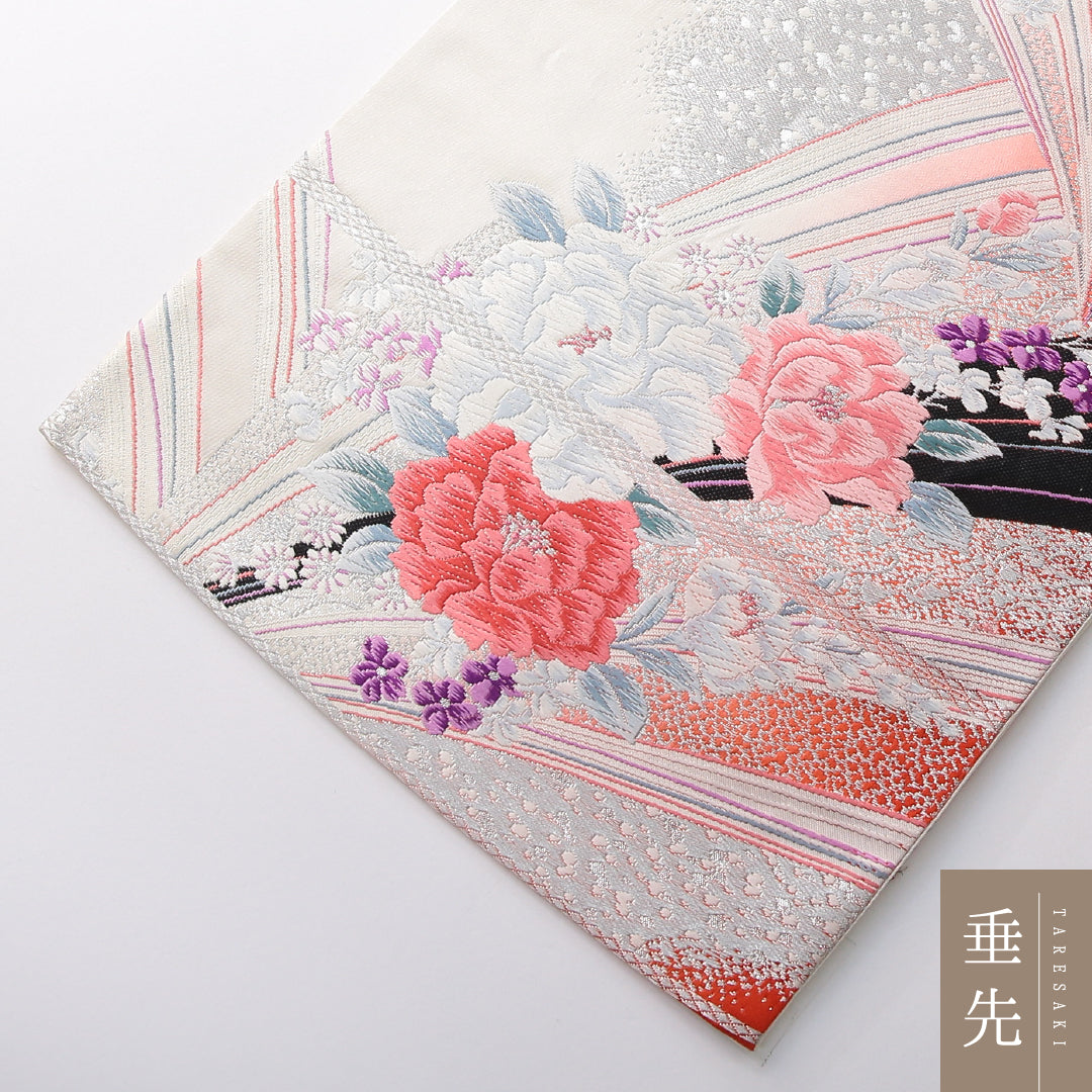 振袖用 袋帯 帯丈436cm 正絹 六通 花柄 吉祥文様 クリーム系 1243-02153