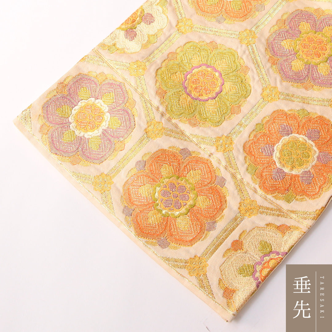 袋帯 帯丈412cm 正絹 六通 フォーマル 宝相華 亀甲 金系 1243-01764