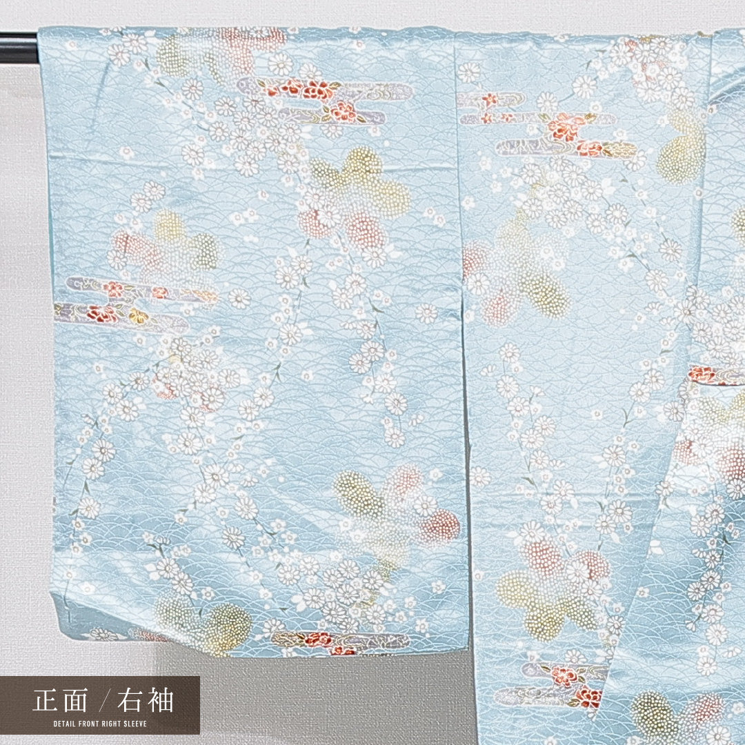 小紋 洗える着物 袷 身丈159cm 裄丈64cm ポリエステル Cランク Mサイズ 広衿 インフォーマル エ霞 梅 水色系 1215-15838