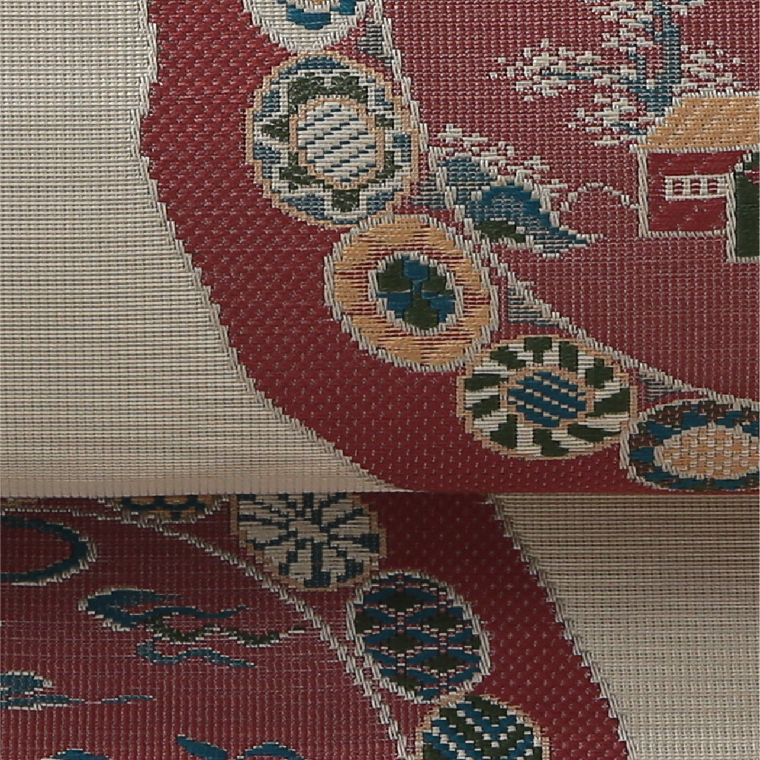 八寸名古屋帯 帯丈364cm カジュアル 松葉仕立て 六通 Cランク 正絹 丸文 クリーム系 1224-03835