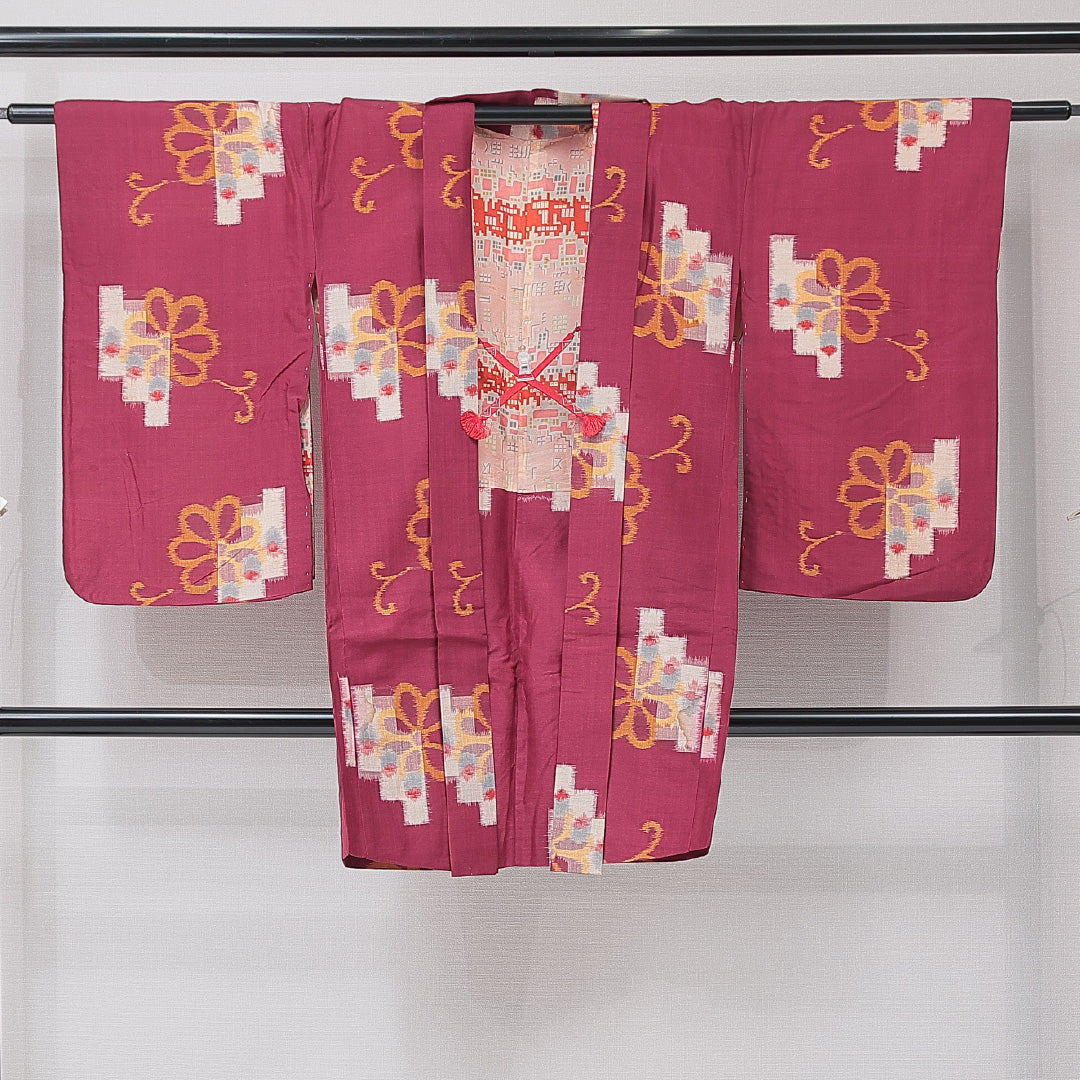 アンティーク 羽織(銘仙) 袷 身丈97cm 裄丈63cm 正絹 Aランク Sサイズ バチ衿 紐あり 菊 紫系 赤系 1217-15178