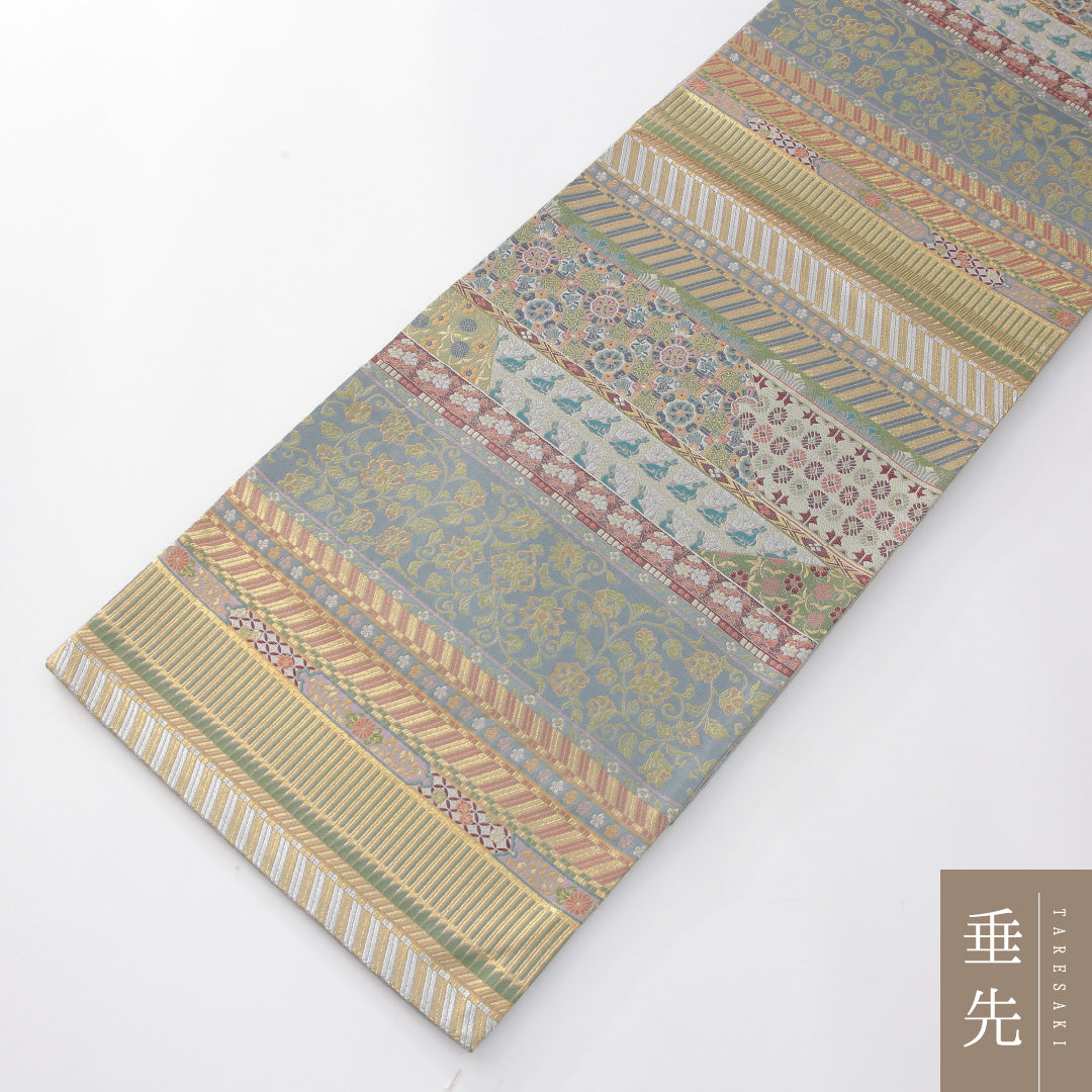 袋帯 帯丈432cm 正絹 六通 帯芯なし フォーマル 花兎 名物裂 アラベスク文様 段文 多色系 1243-02279